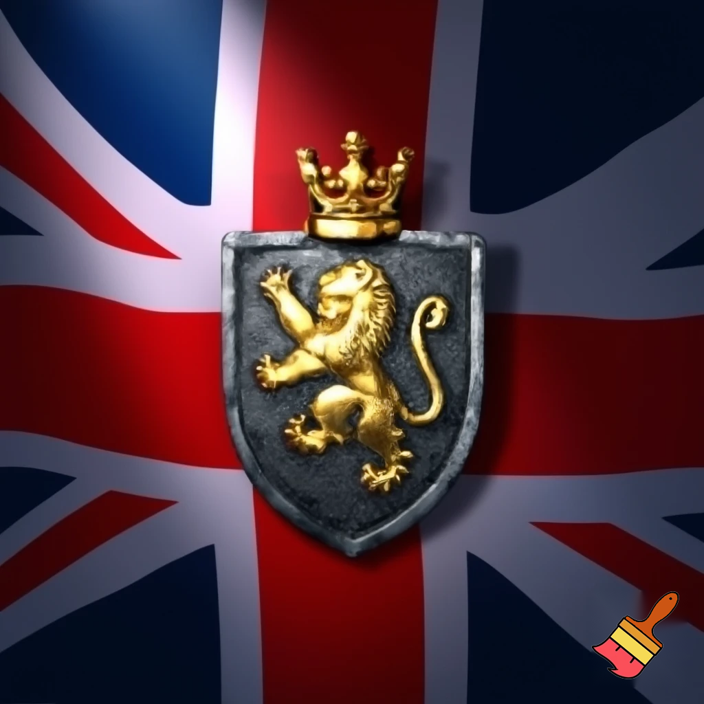 BRITISH FLAG WITH A TINY IRON SHIELD WITH A LION WITH A GOLDEN CROWN, 



