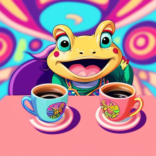 A hillarious, funny boho toad with some hippie colored coffee cups. Psychedelic decorated background. Hard style.