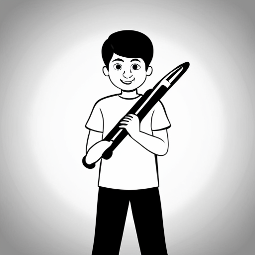 Krishna, a young boy, with his flute, standing happily with a bright smile.