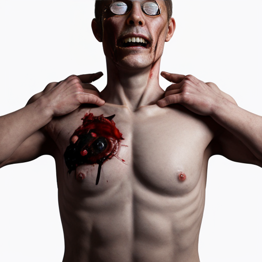 A corpse shirtless man, died, face are hiding by shirt with cut eye part (not eye human), eye closed, chest fully opened wounded circle on center, blood everywhere. Gibs and ribs (from chest bone) everywhere and broke, organs piece by piece. (In full body, not half body)