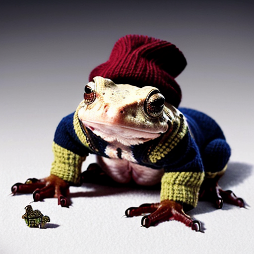 A laughable, puzzled animal toad in woolen, multicoloured winter clothings with woolen winter cap. Hyperrealistic art style.