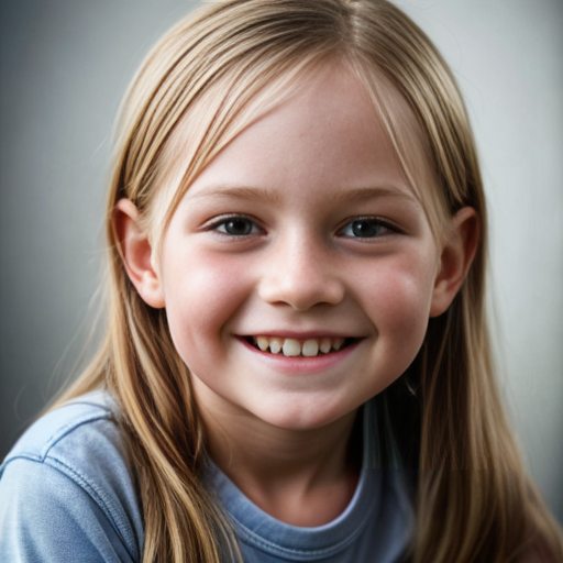 Finnish little girl, at age 8, blonde, straight hair, smiling