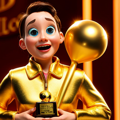the emotion proud one person gold holding trophy Pixar cartoon style gold skin  happy pretty  gold face inside out movie gold everything orange