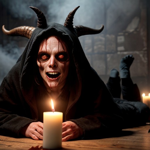 Photorealistic horror scene captured as a raw crime-scene photograph, ultra-detailed 8k cinematic still, dimly lit gothic Victorian hallway with peeling wallpaper and ornate wood paneling, thick eerie green-blue fog rolling across the blood-soaked Persian rug in the center, two young female corpses lying side-by-side on the floor, bodies tightly wrapped in stained bloody bandages and gauze soaked dark red with fresh and dried blood, exposed pale skin showing livor mortis and early decomposition, long dark matted hair splayed out, lifeless faces with eyes half-open and glassy, severe wounds and blood pooling around them, ritualistic arrangement, at the far end of the corridor stands a tall menacing demonic entity resembling Baphomet or Satan, 7-8 feet tall, wearing tattered black hooded cloak with frayed edges, large curved goat-like horns protruding from hood, glowing intense red demonic eyes piercing through shadows, snarling fanged mouth visible, clawed hands extended, cloven hooves partially visible under robe, surrounded by thick swirling mist and low-lying smoke, mounted animal skulls with long horns (goat/bull) on the walls, flickering candlelight from multiple black candles on small antique tables and floor, scattered human skulls and occult debris, arterial blood splatters on walls, heavy atmosphere of occult ritual and death, shot on Canon EOS R5 with 35mm f/1.4 lens, shallow depth of field, sharp focus on foreground bodies and demon face, realistic skin textures pores veins blood viscosity, practical lighting with harsh shadows and rim light, HDR, no stylization, pure hyperrealistic forensic horror photography, documentary style, --ar 3:2 --v 6 --stylize 150 (or lowest) --q 2