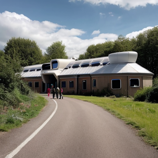 Asland Human peoples and children with sci-fi futuristic clothing at the Asland village with flag of Asland with white field and red-linned black saltire, beige sci-fi futuristic houses with red brick sci-fi futuristic roofs, grey sci-fi futuristic houses with red brick sci-fi futuristic roofs, beige sci-fi futuristic Catholic church with red brick sci-fi futuristic roof, road, gardens, corn fields, meadows taiga forest, hills and cloudy sky in May 2621.