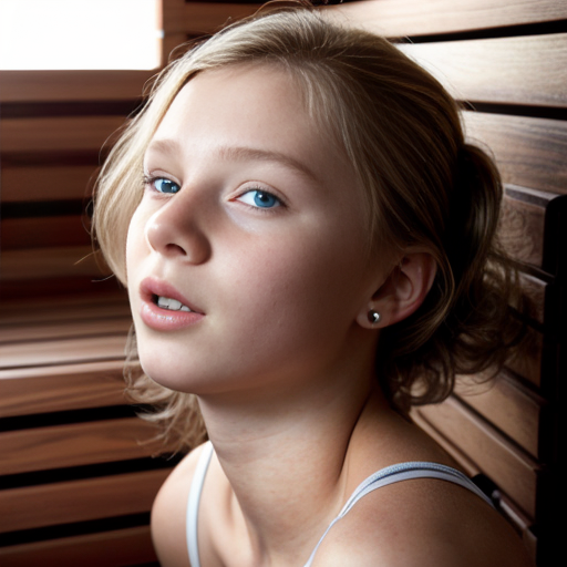 teen ,, , lifelike, portrait, highly detailed, , sharp focus, illustration, art by kittichai  and james gurney and alphonse mucha, ,  with curly blond hair and vibrant blue eyes, photorealistic, at her room, laying, sauna
