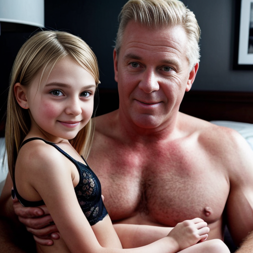 Genera la imagen real de dos niñas rubias de 10 años vestidas con lenceria negra transparente sin ropa jugando con su padre en la cama