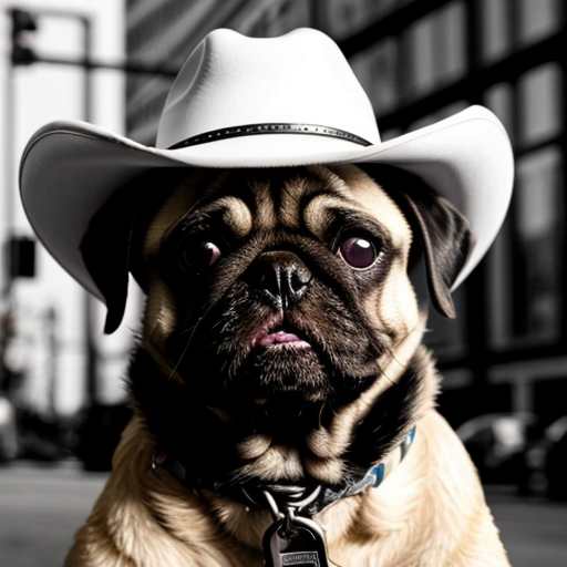 Make a picture with a black and white pug with one eye with a cowboy hat, standing up in the city with a cowboy hat