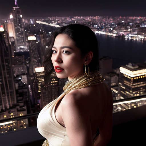 full merged narrative of your reimagined Ann Darrow in a Japanese anime manga-style adaptation of King Kong (2005):

🗽 King Kong: The Mistaken Beauty — Anime Manga Novelization
Chapter 1: The Spotlight
She stands center stage in a grand, gilded theater, bathed in golden light. Her dark hazelnut bronde hair cascades in soft waves, framing a face lit by bold red lips and eyes full of mystery. She wears a form-fitting, sleeveless white evening gown that hugs her silhouette like a second skin. Full opera-length gloves add a touch of vintage elegance, while a separate draped scarf at the back of her neck creates the illusion of a cowl neckline—an homage to the original Ann Darrow.
Her accessories shimmer: elaborate rhinestone earrings, each composed of two diamond-shaped segments, catch the light with every movement. Draped low around her waist is a gold chain belt, with extra loops that swing gently as she walks, adding a rhythmic sparkle to her graceful steps.
She is not Ann Darrow. She is the Iranian Jewish heroine—an actress, a dreamer, a woman caught in the wrong myth.
Chapter 2: The Mistake
Suddenly, the theater trembles. A shadow looms. The audience screams. From above, Kong descends—his massive form silhouetted against the city skyline. His eyes lock onto her. Confused. Haunted. Hopeful.
He reaches out.
She freezes, arms outstretched in a dramatic pose, caught between terror and awe. The rhinestones glint. The scarf flutters. The illusion is complete.
Kong grabs her.
The crowd gasps. The city holds its breath.
Chapter 3: The Realization
High above the streets, atop the Empire State Building, Kong cradles her gently. She speaks—softly, in a language he doesn’t understand. Her voice is calm, her gaze steady. She is not Ann, but she is something else: brave, kind, radiant.
Kong stares. The illusion fades. He realizes the truth.
Too late.
The planes arrive. The city’s fury rains down. She screams—not in fear, but in protest. Kong shields her, wounded but resolute.
Chapter 4: The Legacy
She survives. Kong does not.
But the world remembers her—not as a mistaken identity, but as a symbol of grace under pressure. Her image becomes iconic in manga panels: the white gown, the gold belt, the rhinestone earrings, the moment of mistaken beauty that changed everything.