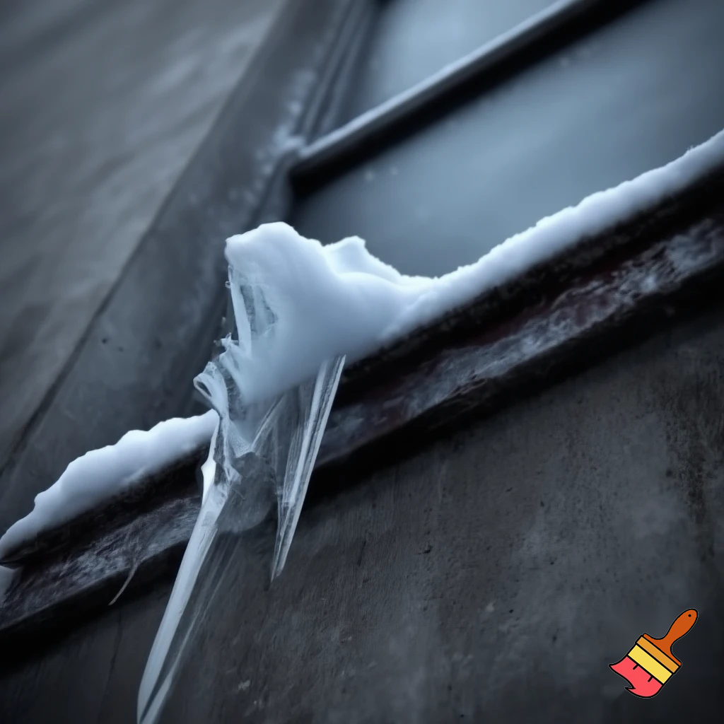 Create a realistic image looking up at a metal window ledge that protrudes slightly from a building facade.  On the ledge is an ice sheet that has formed from snowfall which has partially slid forward and is about to fall.