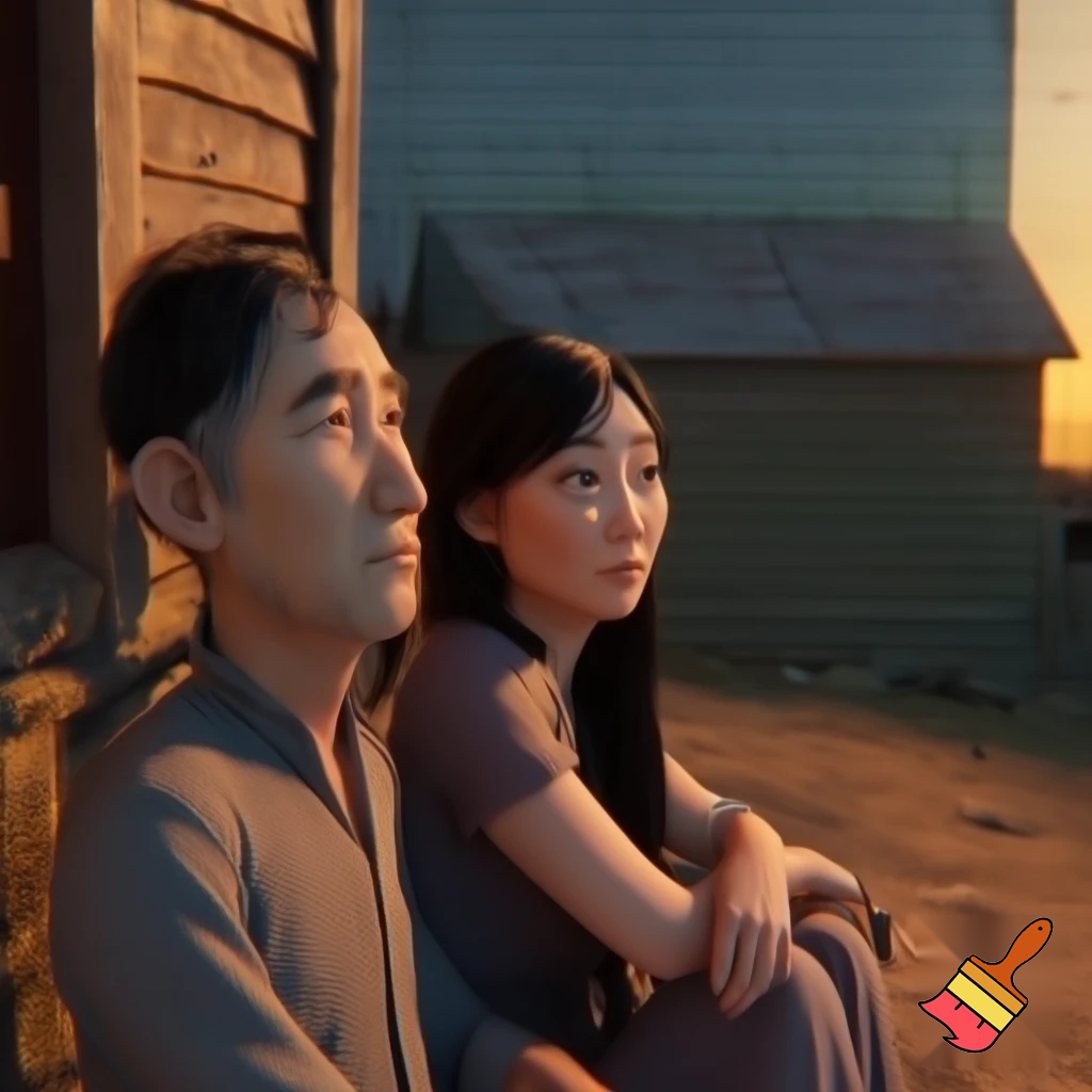 Subject: Father (40 years old, black hair with gray, serious but kind face, simple clothes), Mother (40 years old, long black hair, warm expressive face, simple dress) sitting outside their humble house in the afternoon. 
Movement: Sitting calmly, looking at the sky. 
Scene: Dirt yard, simple wooden house, sunset sky. 
Camera: Medium shot, slightly from above, showing both characters. 
Lighting: Warm sunset light. 
Mood: Cinematic 3D realistic, emotional, calm, nostalgic atmosphere.