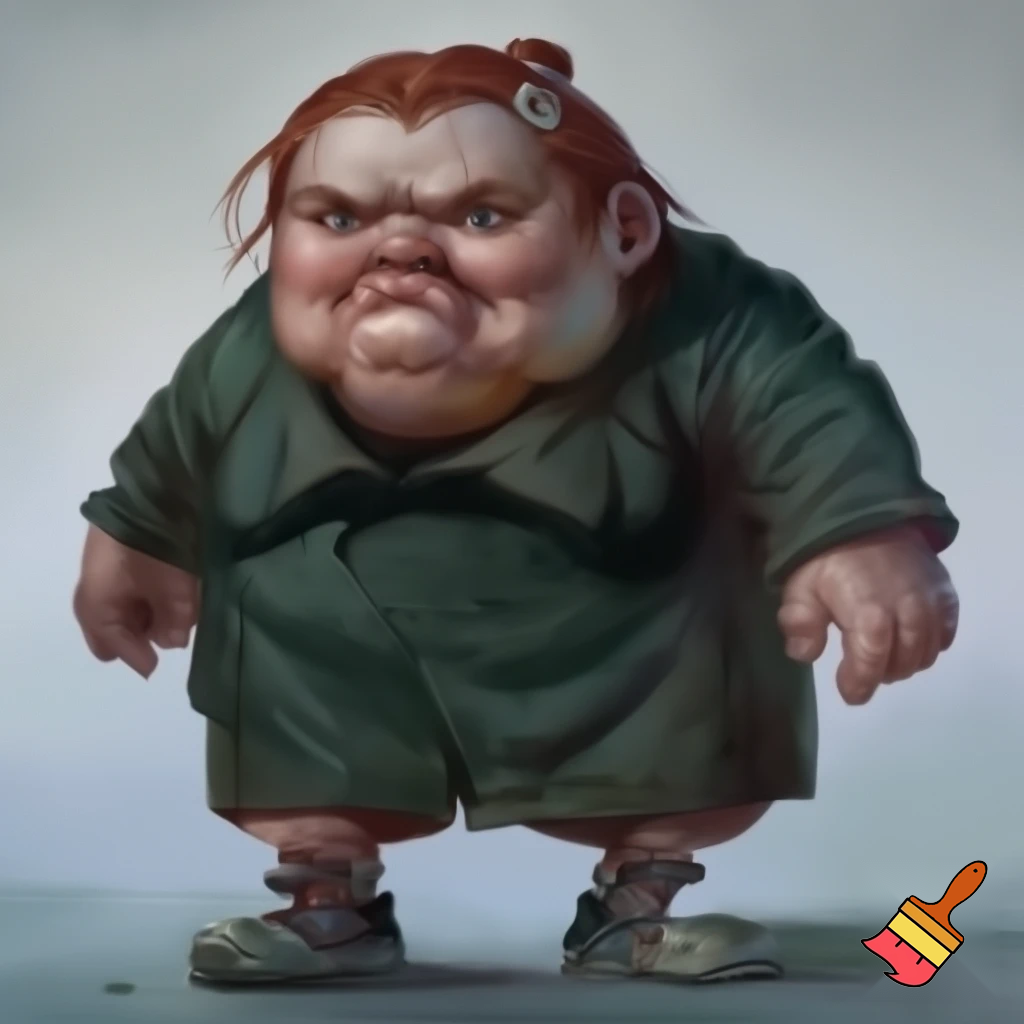A fat lady that wears a green coat, has bulging ankles, dirty sneakers, loose fleshy cheeks, neck covered by fat, sparse red hair pinned back by a plastic barrette, tiny face features, small blue eyes, and looks intimidating.