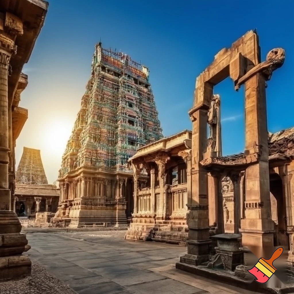 create a image for a grand ancient temple in tamil nadu with some stone pillars and towring gopurams set against a blue sky
