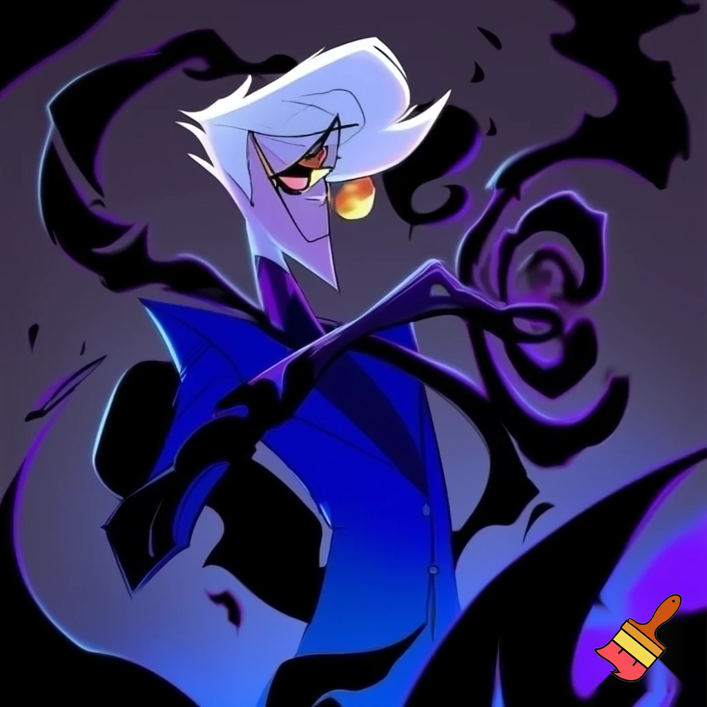 A tall, lean pale man with white hair, distinctive round brass glasses he has a stern look on his face. his face In cartoonish art style of hazbin hotel wearing his signature blue overcoat with black sinister smoke curling around him his hand reaching out, producing the black sinister smoke