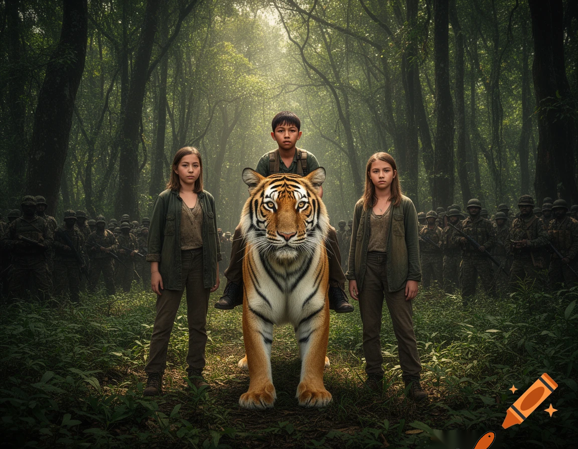 a boy sitting on the tiger in the wild forest in left and right of the him the 2 girls standing, a big army group standing behind him