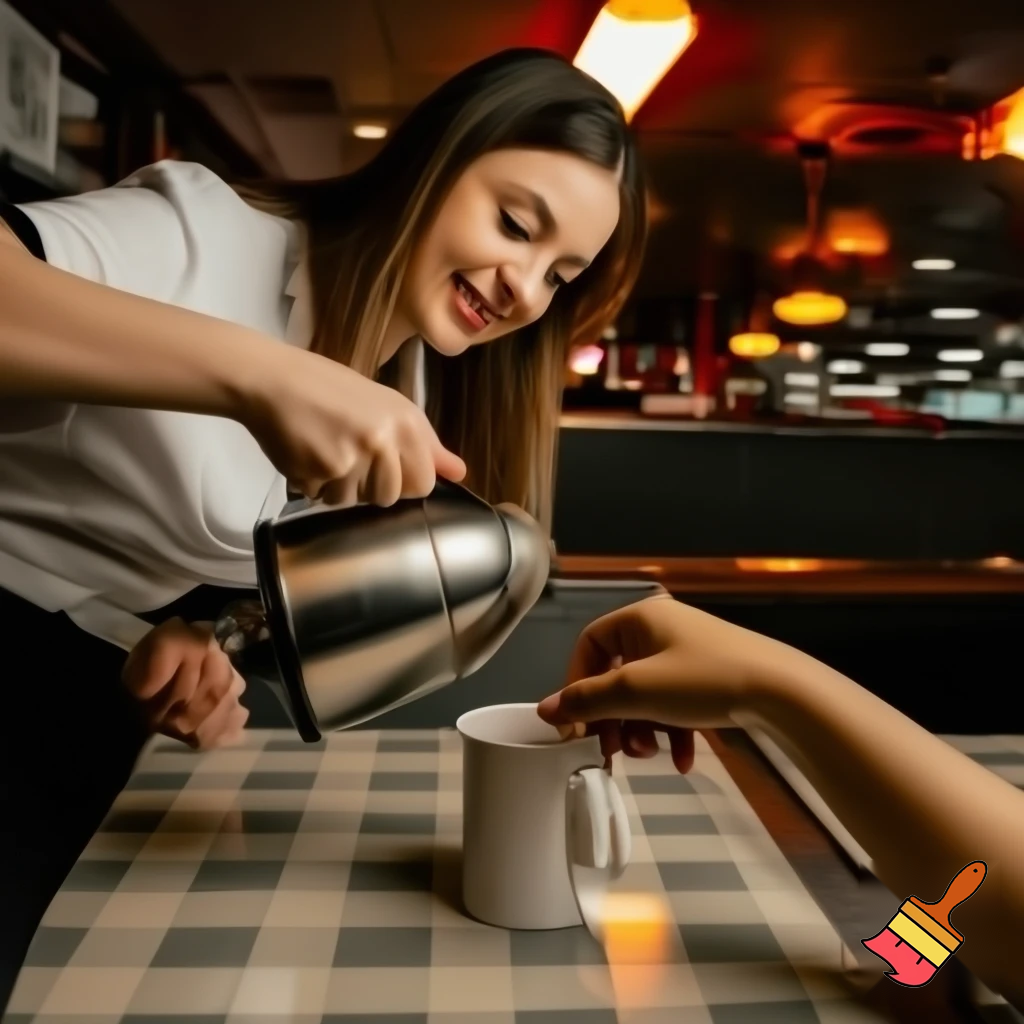 A small roadside diner. A beautiful waitress leans over to pour coffee into a customer's cup at a table. The waitress smiles. Photorealistic. 9x16