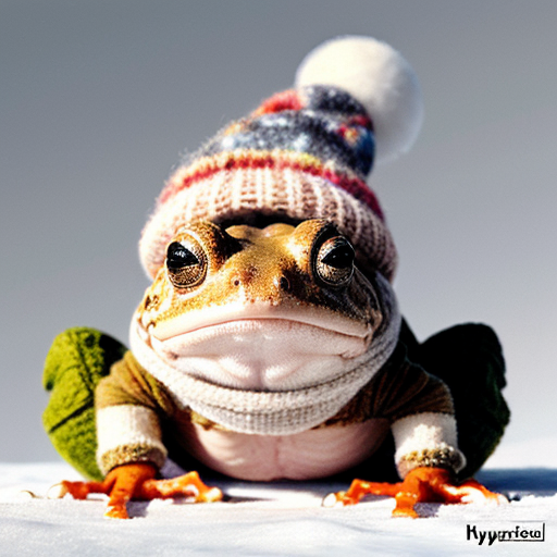 A laughable, puzzled animal toad in woolen, multicoloured winter clothings with woolen winter cap. Hyperrealistic art style.