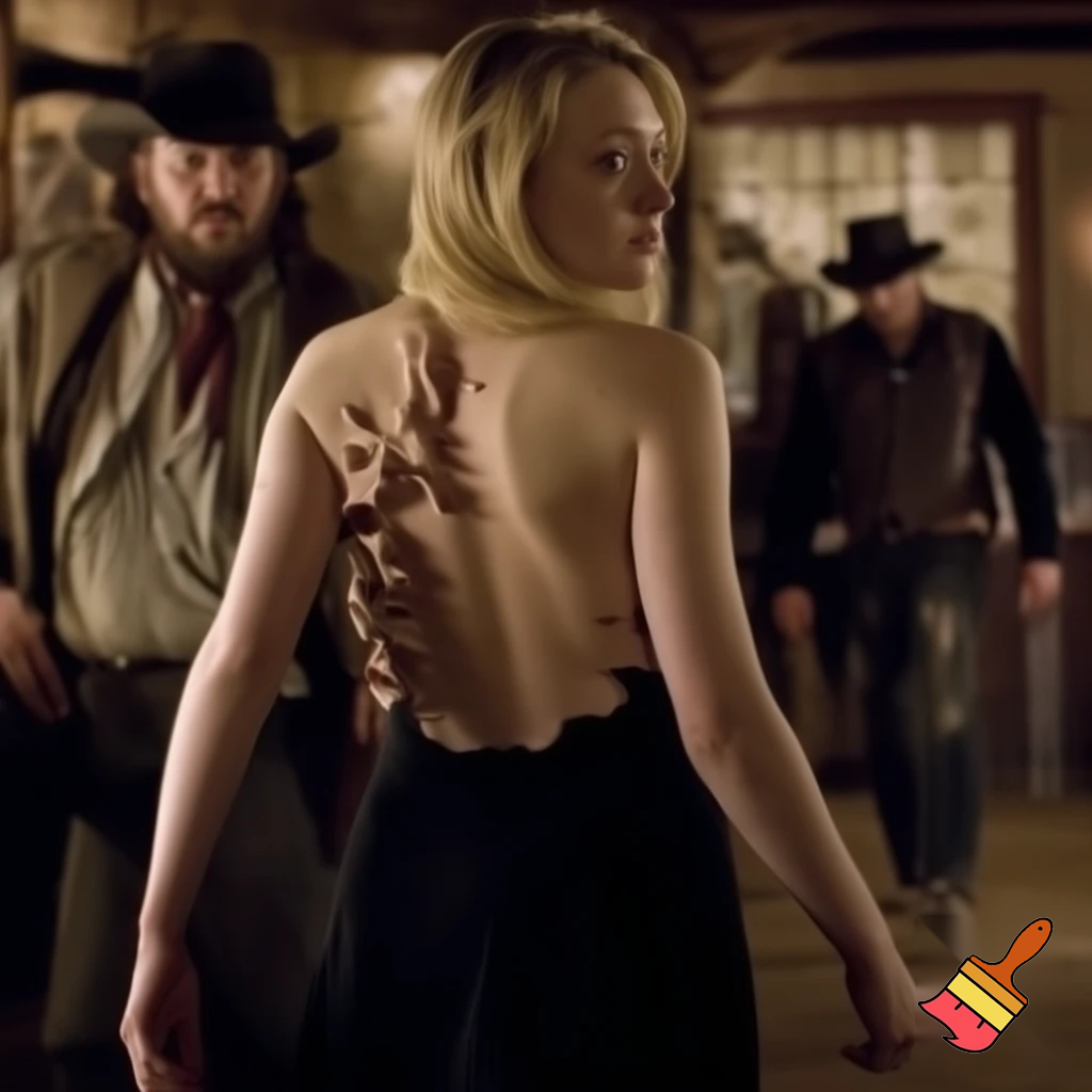 Dakota Fanning, various poses, torn clothes, wild west saloon scene, close up shot, breast exposed, walking looking over her shoulder 