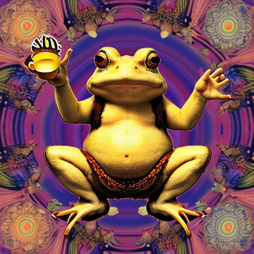 A hillarious, funny boho toad with some hippie colored coffee cups. Psychedelic decorated background.