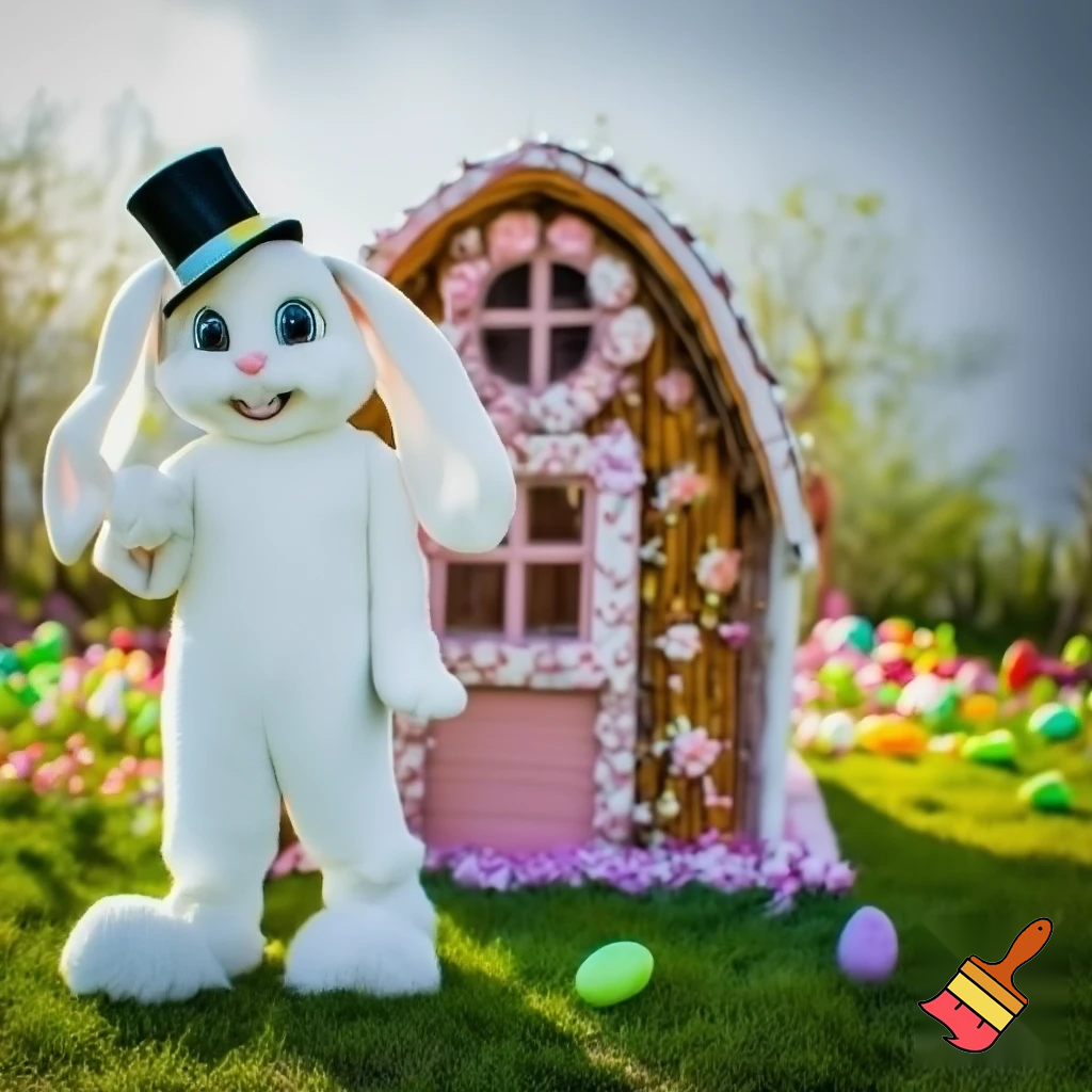 Easter bunny mascot top hat costume Easter bunny’s house