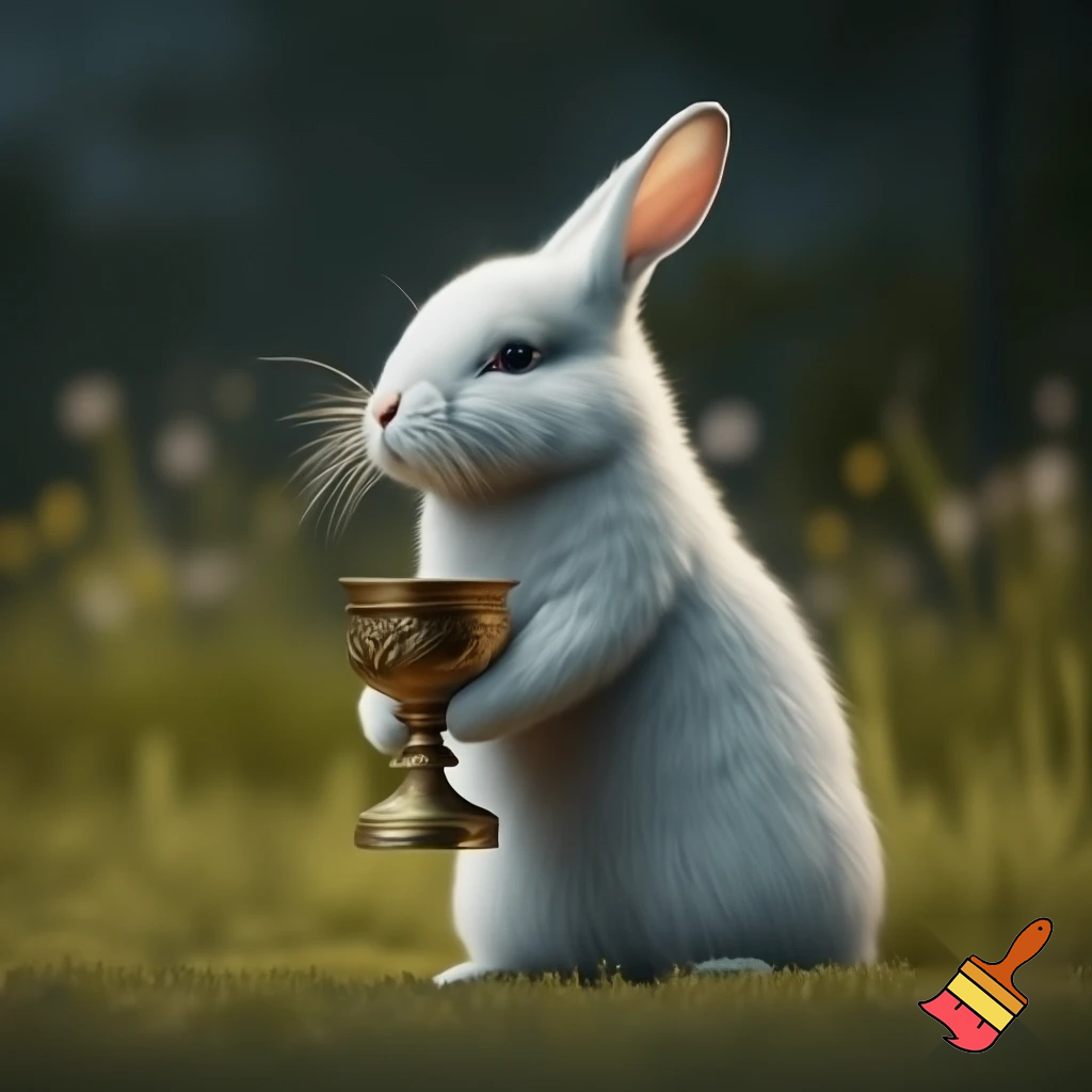 A white rabbit holding the would cup