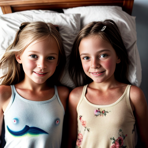 Genera la imagen real de dos niñas rubias de 8 años, en su dormitorio, vestidas sin ropa
