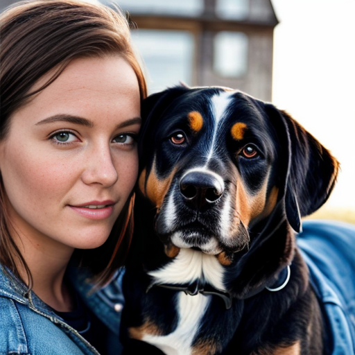 una ragazza con i capelli mossi e marroni e gli occhi azzurri vicino a un cane bovaro del bernese. vestiti techno .sopra la foto scrivi giulia e rock