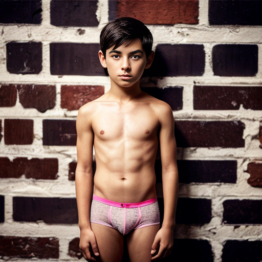 A visibly embarrassed ten year old boy stands outdoors in front of a brick wall in his pink briefs underwear. He is black. 