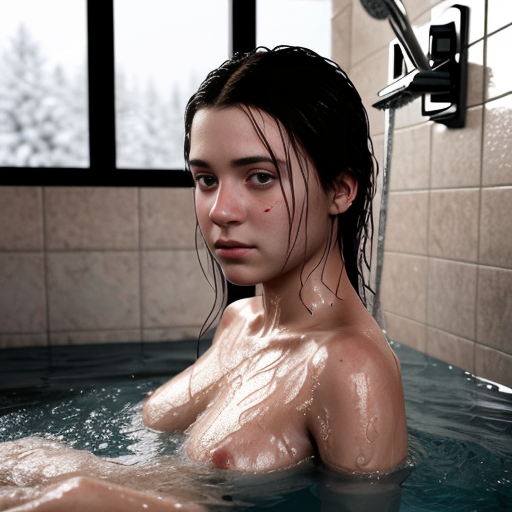 girl teen winter, a showers in red water