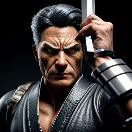 Superhero Timebreaker - bold man, with silver eyes, wearing grey makintosh, have a katana