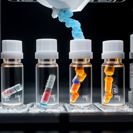Pharmaceutical freeze-drying process in a laboratory, showing vials inside a lyophilizer chamber with ice sublimating into vapor, detailed scientific illustration style"