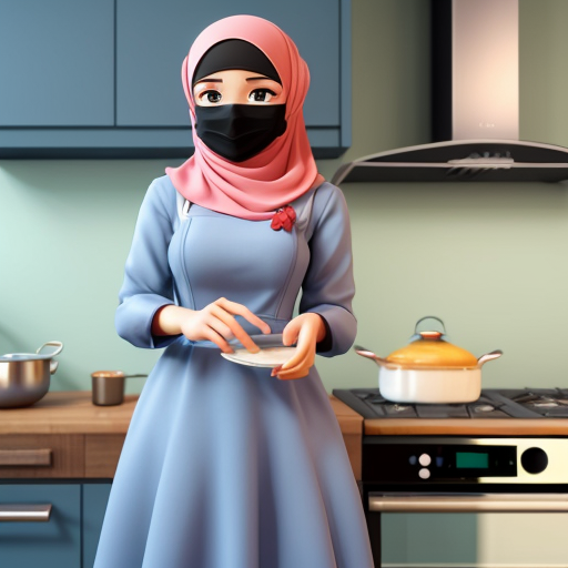 Pixar-style 3D cartoon character, standing at the stove, cooking gesture, exaggerated cartoon features, big expressive eyes, Muslim woman 35-40 years old, fully covered in wide light blue dress, headscarf covering all hair, modest appearance, gray background, consistent character, simple cartoon style, cinematic lighting