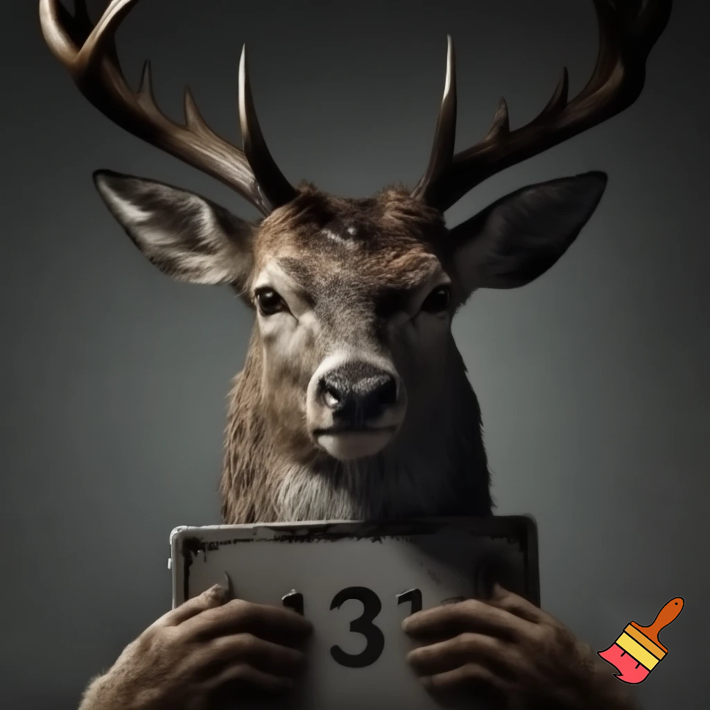 picture of a mugshot deer with scars and a serious face holding a number board
