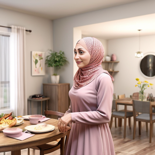 Pixar-style 3D cartoon, Muslim woman, 50 years old, fully covered, headscarf covering all hair, modest appearance, wide flowing pink dress, standing in a modern living/dining room, placing plates on the table, preparing food to eat, medium-class interior, neutral colors, simple furniture, cozy atmosphere, bright friendly lighting, simple cartoon style