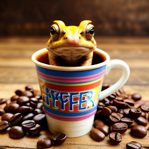 A hillarious, funny boho toad with some hippie colored coffee cups. Psychedelic decorated background, hyperrealistic.