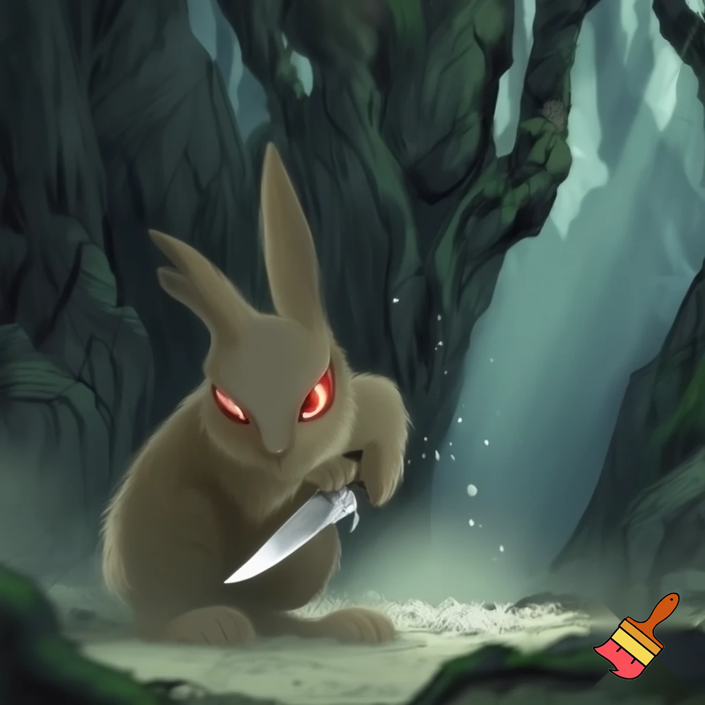 rabbit, red eyes, holding knife, forest