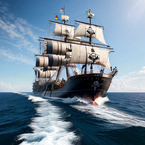 Pirate ship with pirates attacking another ship. Firing cannons and guns. Long cutlasses, peg legs and eye patches
  