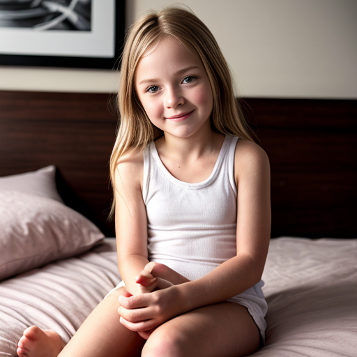 blonde little girl, sitting on bed, on the bedroom