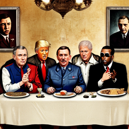 the last supper featuring george floyd, Adolf Hitler, Donald Trump, Jeffery epstien, bill Clinton p diddy, and George bush