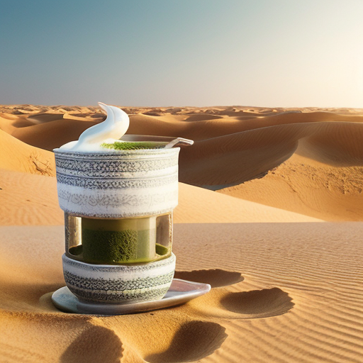 "A graceful gazelle in the golden UAE desert, wearing traditional Emirati clothing (talli) elegantly draped over its body, while sipping a cup of matcha tea. The warm sunlight highlights the intricate patterns of the talli and the textures of the sand dunes. Style: realistic with whimsical charm, soft warm tones, detailed desert background, blending cultural heritage with playful imagination."
