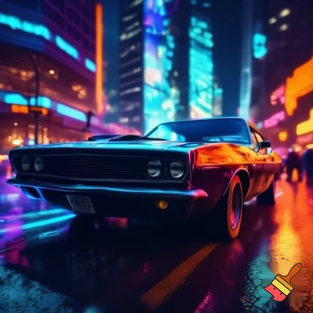 car in a neon city