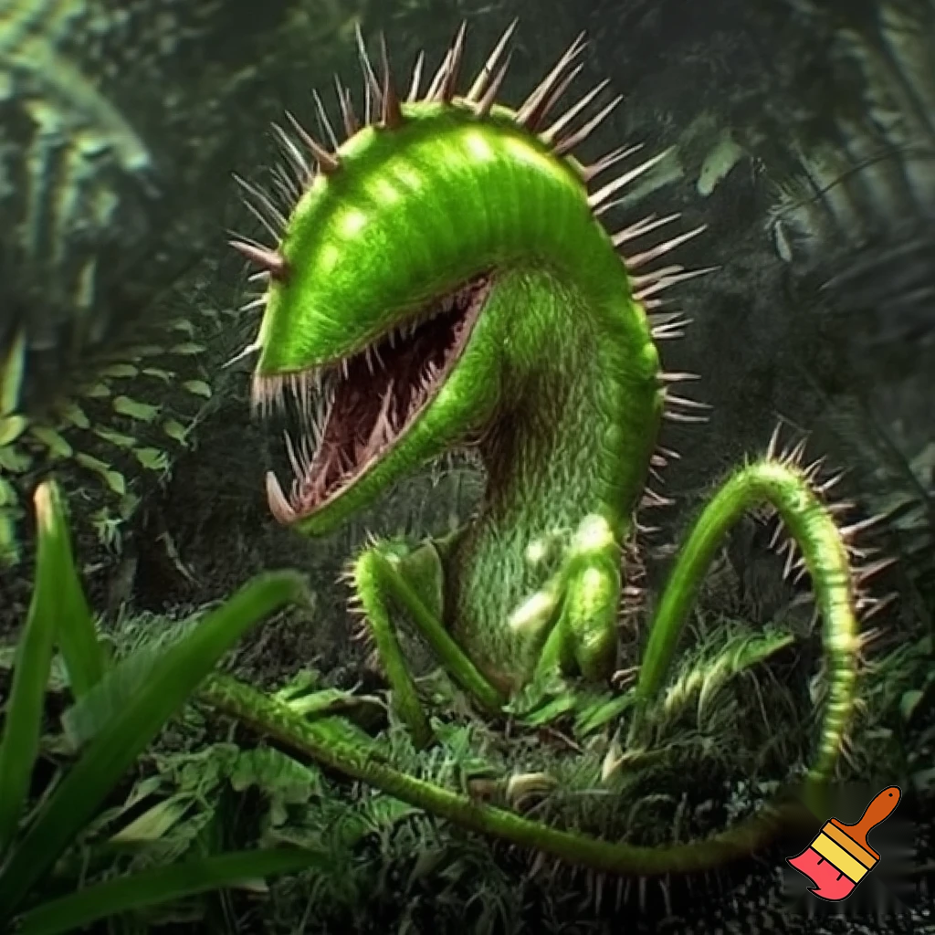 a animal that has green skin and has no eyes
and has a tail with spike on the tail and body and looks like a fly trap and lives in the rainforest has a big mouth 
 
