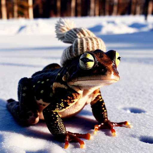 A laughable, puzzled animal toad in woolen, multicoloured winter clothings with woolen winter cap. Hyperrealistic art style.