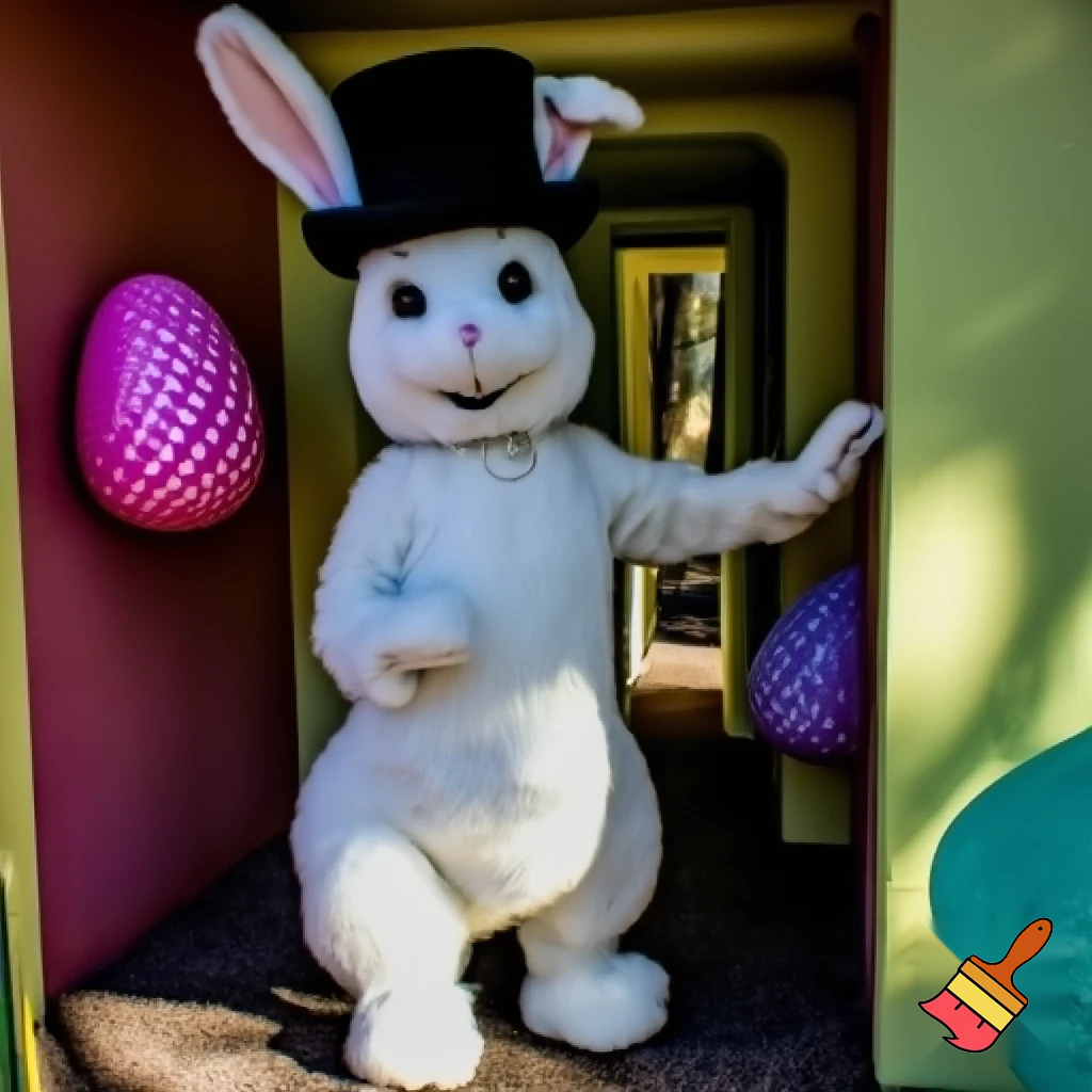 Easter bunny mascot with the top hat costume Easter bunnies maze house