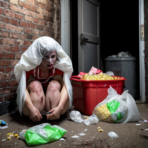 The image depicts a grim and disturbing scene, possibly an outdoor butcher's area or a macabre setup in a derelict location. The overall color palette is dominated by muted browns, grays, and reds, with a significant presence of what appears to be blood and gore.

In the upper portion of the image, a person wearing a blood-stained red apron is standing and appears to be working on something on a table. Their arms are muscular, and their hair is dark and styled up. The table itself is covered with what looks like raw meat and several clear plastic bags containing more of these items.

Below the table, in the lower part of the frame, are two figures. The one on the left is a female form, seated and appearing to be made of flesh, covered in blood and some kind of fibrous material, possibly hair or fabric. Her head is tilted back. To the right of her is another figure, also appearing to be flesh and blood, crouched low. This figure has a more defined face with glasses. Both figures are unsettling and appear to be part of the overall scene of dismemberment or processing.

The background is a crumbling brick wall, suggesting a dilapidated urban environment. There is a dirty window with reflections on the right side. The ground is littered with debris, including plastic bags, scraps of material, and what looks like discarded food items. Two large trash bins are visible on the sides, one brown on the left and a green one on the right, the latter overflowing with corn cobs and other contents.

The composition is vertically oriented, with the standing figure and the table forming the upper half, and the seated figures and the ground clutter occupying the lower half. The lighting is somewhat harsh and uneven, contributing to the unsettling atmosphere. The image has a gritty, low-resolution texture, which adds to its raw and disturbing nature.