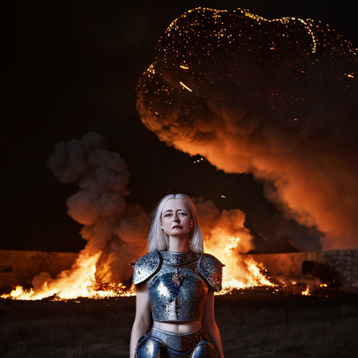young, tall, white-haired woman in armor stands in front of a burning castle into which meteorites are falling.
