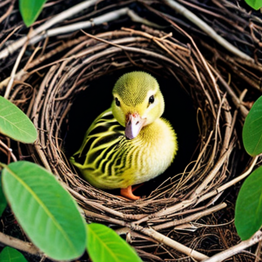 Green duckling, orange, purple duckling sitting in the nest.