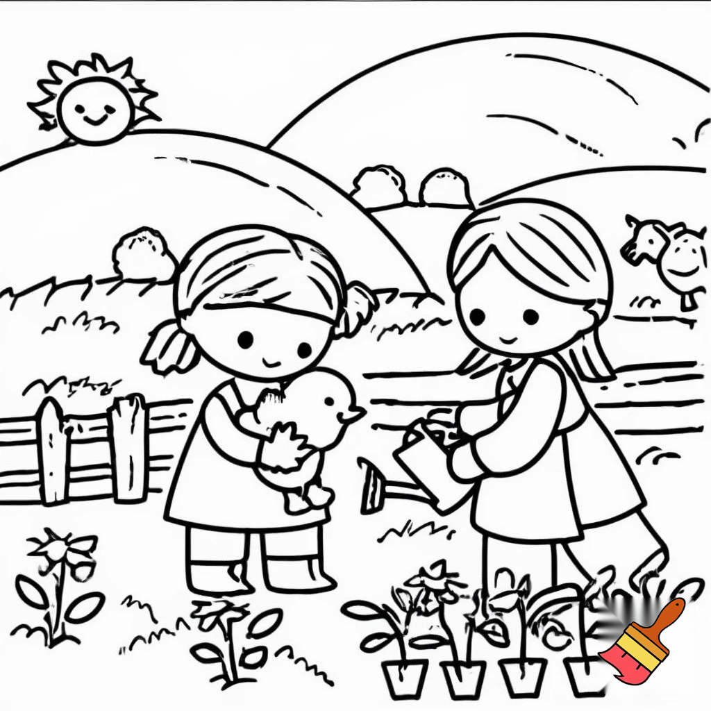 coloring  page  girls at farm
