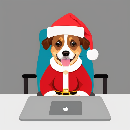 Create an image of an anthropomorphic dog sitting at a desk, working on a computer. The dog is smiling and wearing a red Santa hat. 9:16