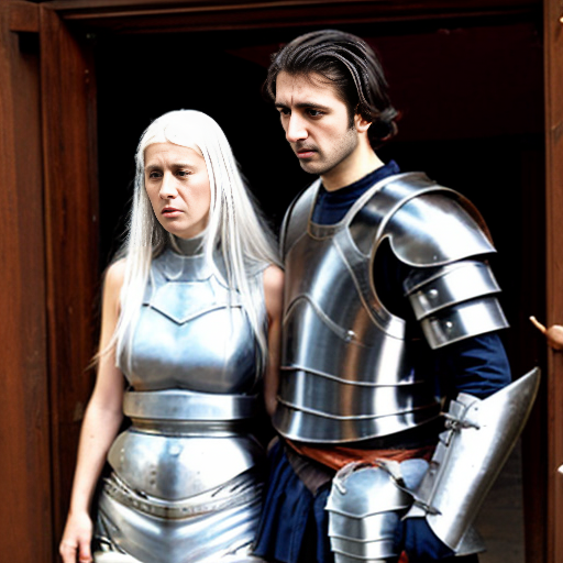 young, tall, white-haired woman in armor is sad because a Turkish man stole her knife.